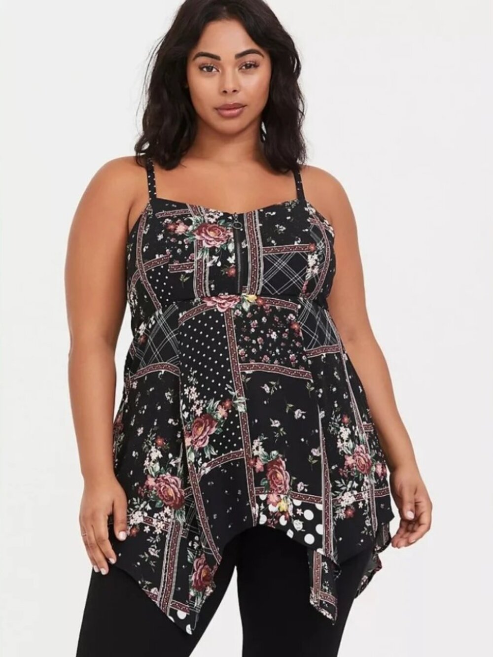 Torrid Black Floral Patchwork Georgette Zip Front Babydoll Cami Size 1